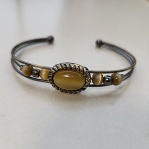 Vintage Cuff Bracelet Yellow Bronze Cat's Eye Bead Triple Wire